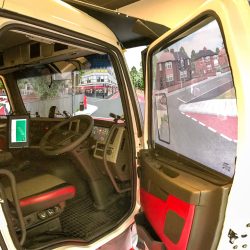 Showing the inside of the truck simulator cab